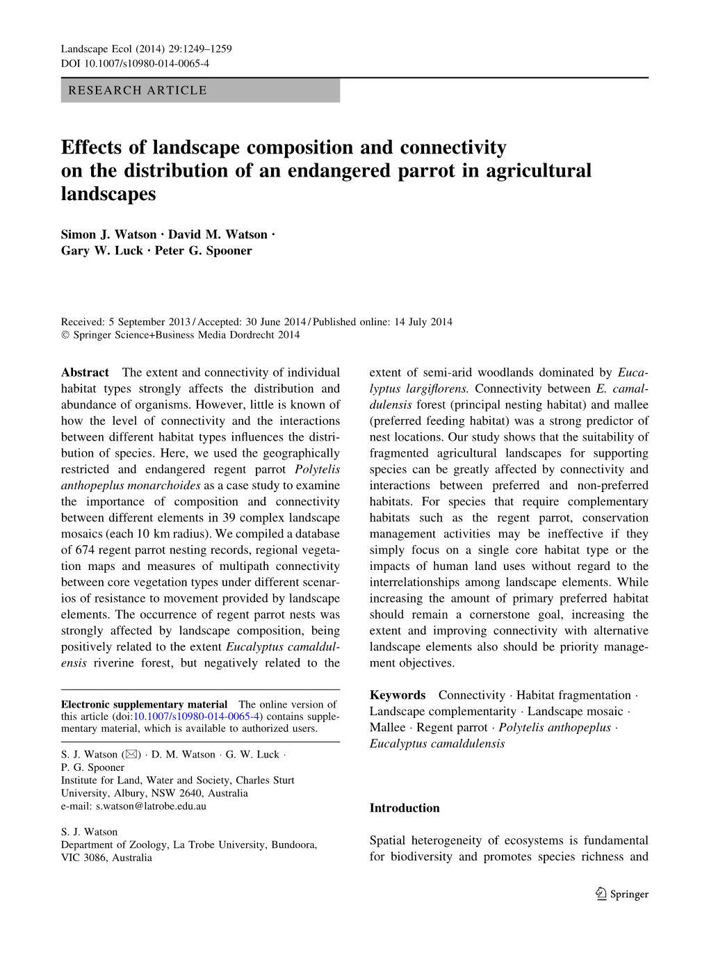 Effects of Landscape Composition and Connectivity on the Distribution of an Endangered Parrot in Agricultural Landscapes