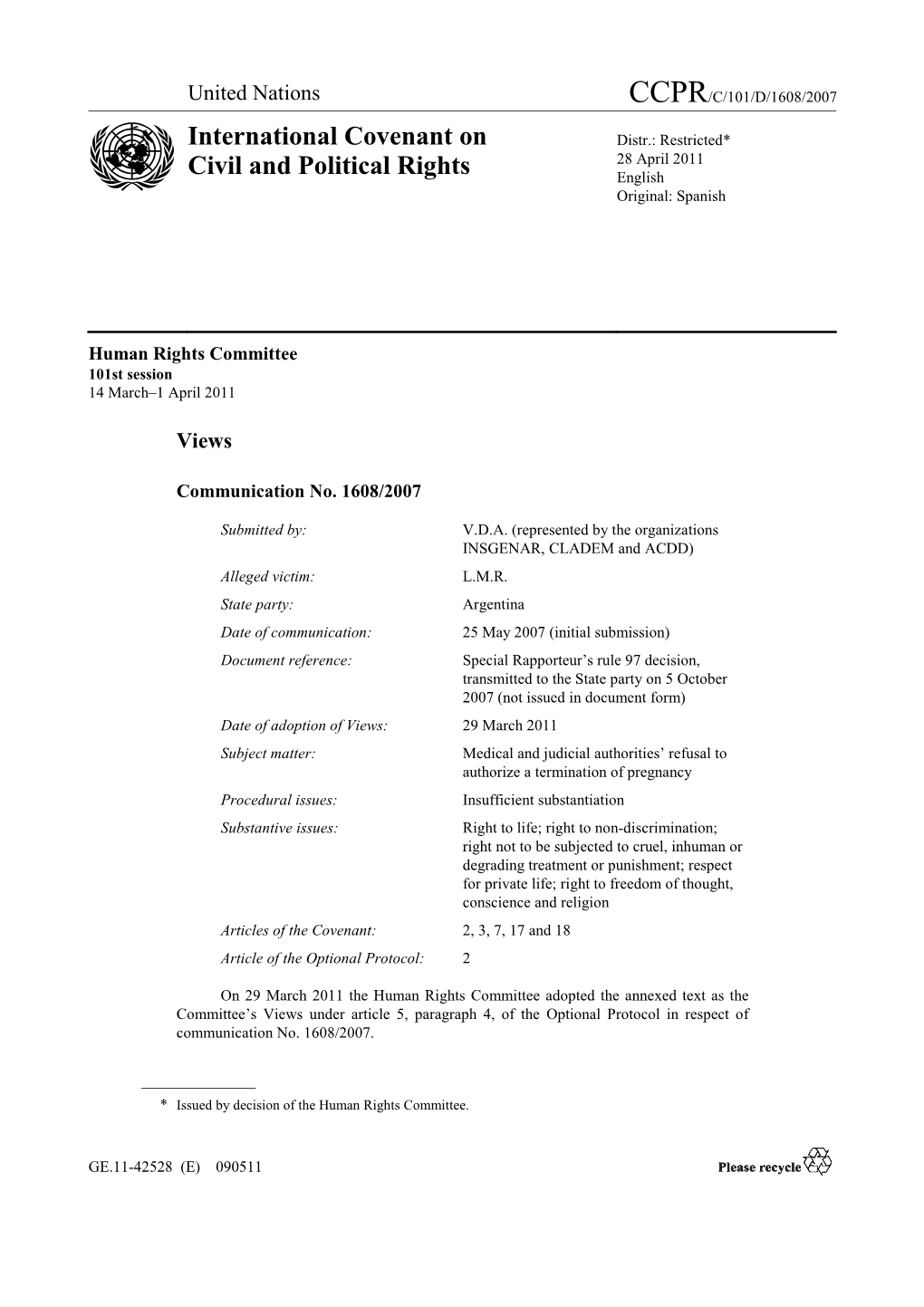 International Covenant on Civil and Political Rights (101St Session)