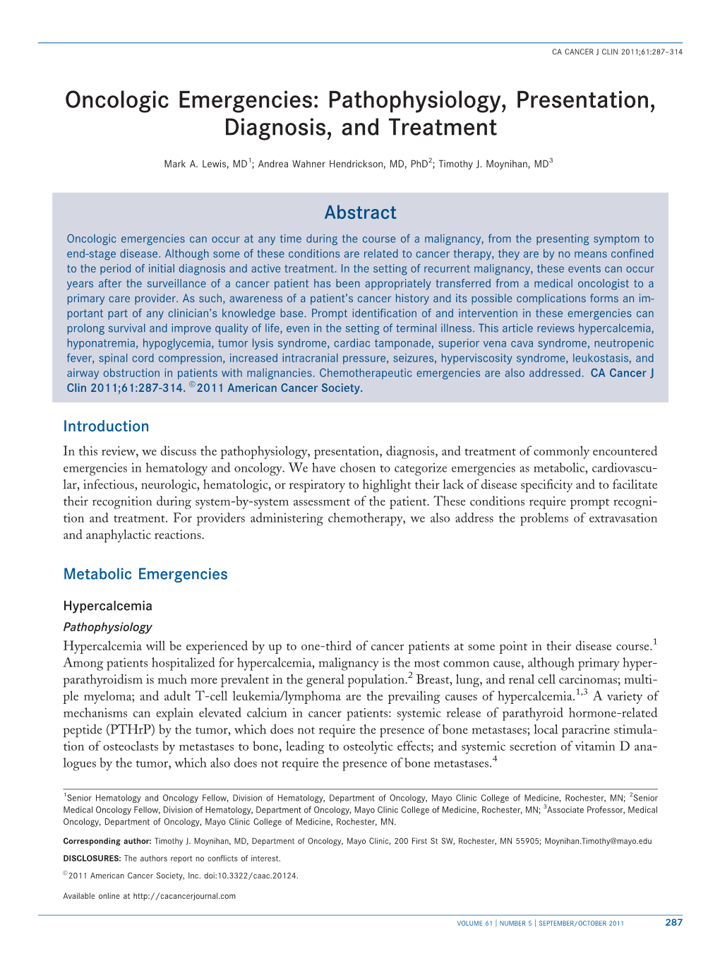 Oncologic Emergencies: Pathophysiology, Presentation, Diagnosis, and Treatment