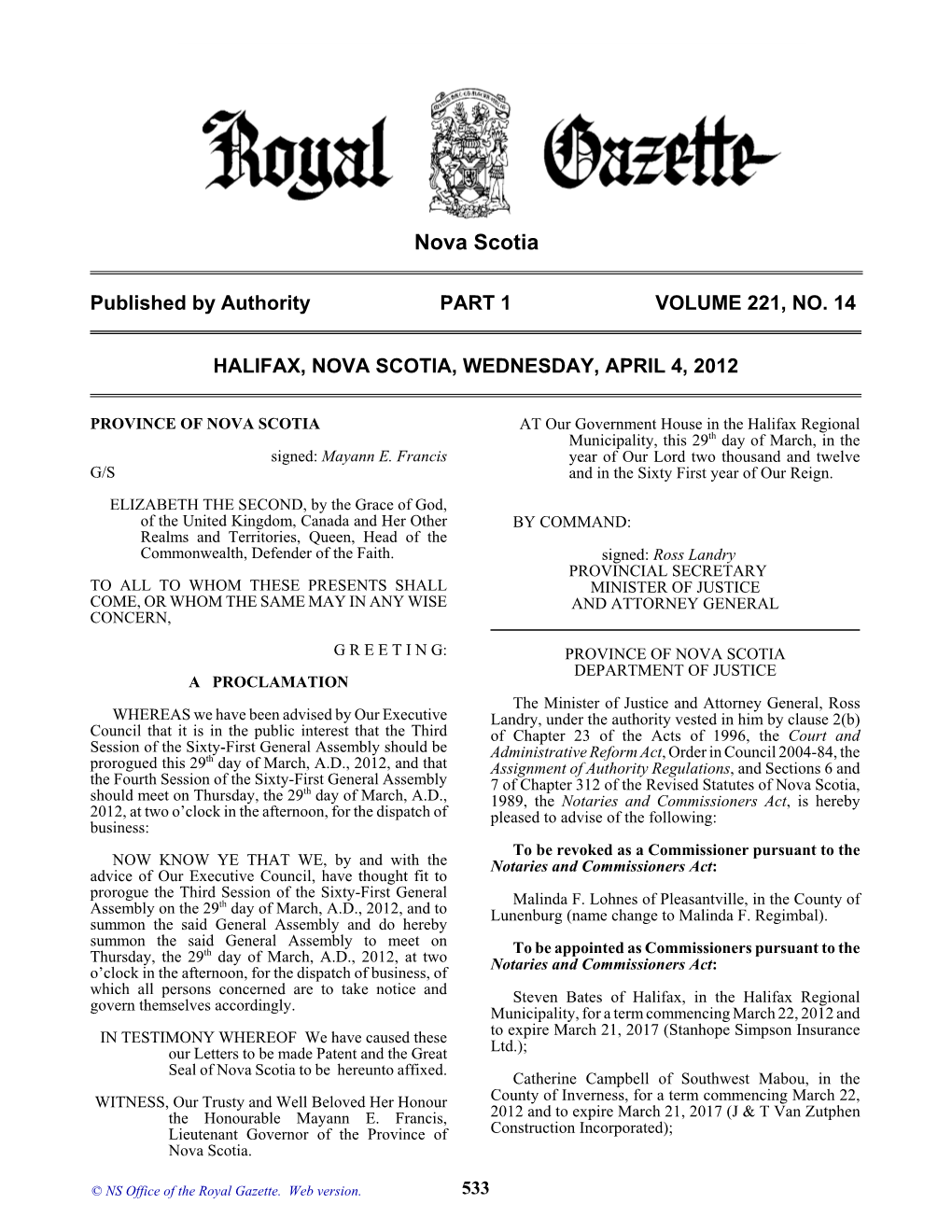 NS Royal Gazette Part I