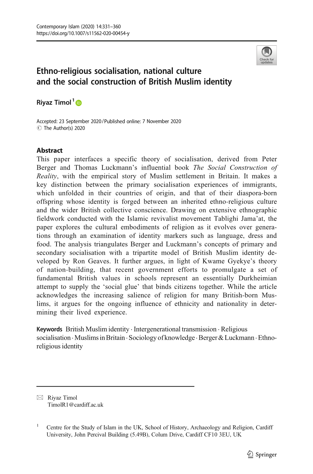 Ethno-Religious Socialisation, National Culture and the Social Construction of British Muslim Identity