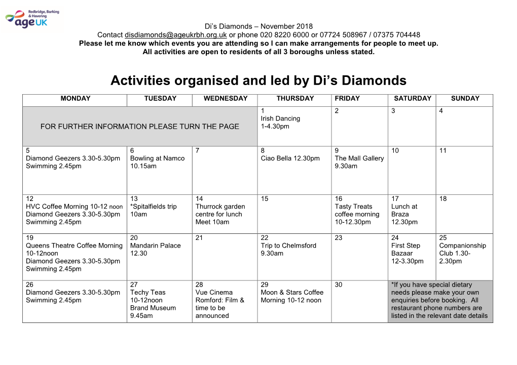 Activities Organised and Led by Di's Diamonds