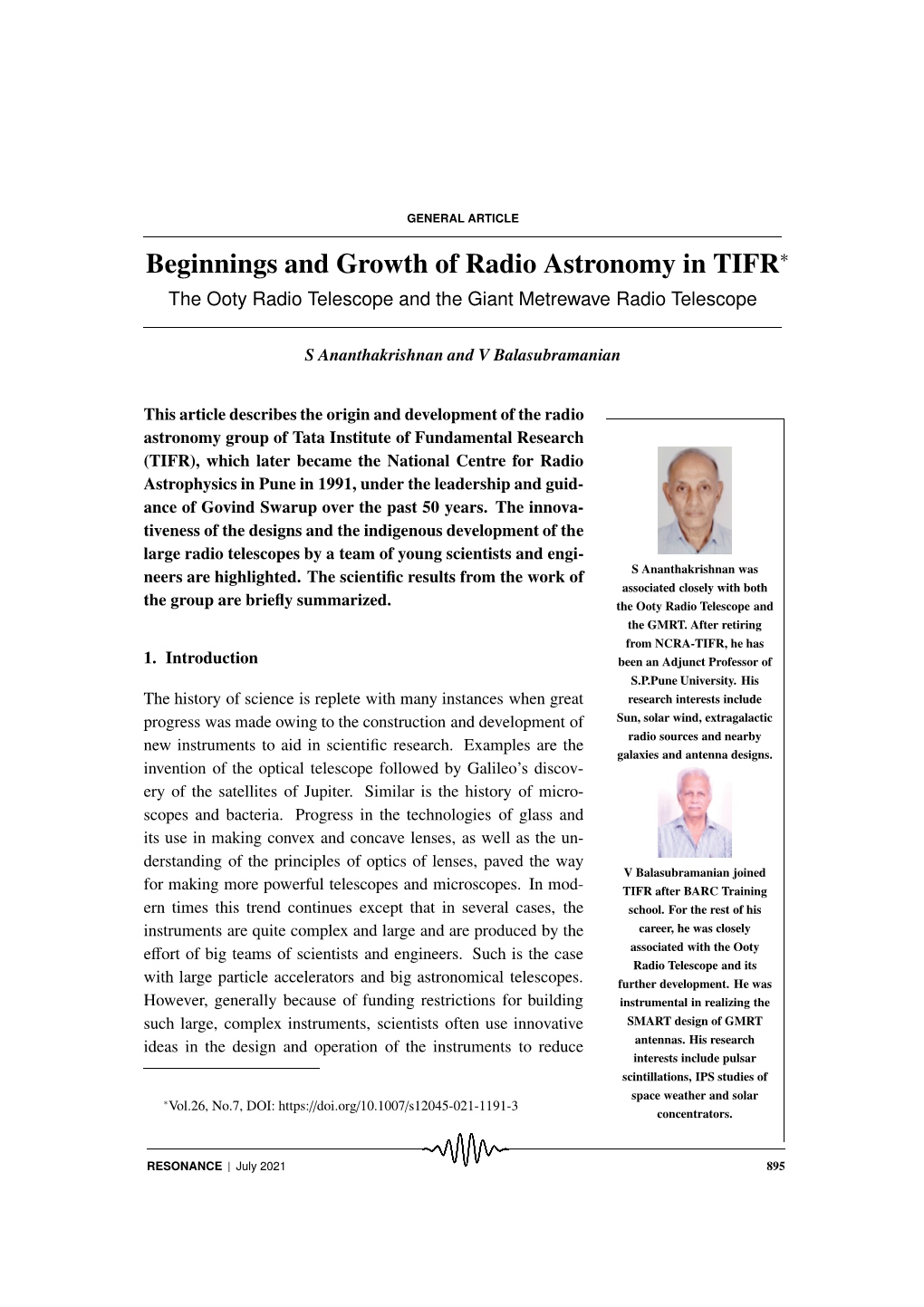 Beginnings and Growth of Radio Astronomy in TIFR∗ the Ooty Radio Telescope and the Giant Metrewave Radio Telescope