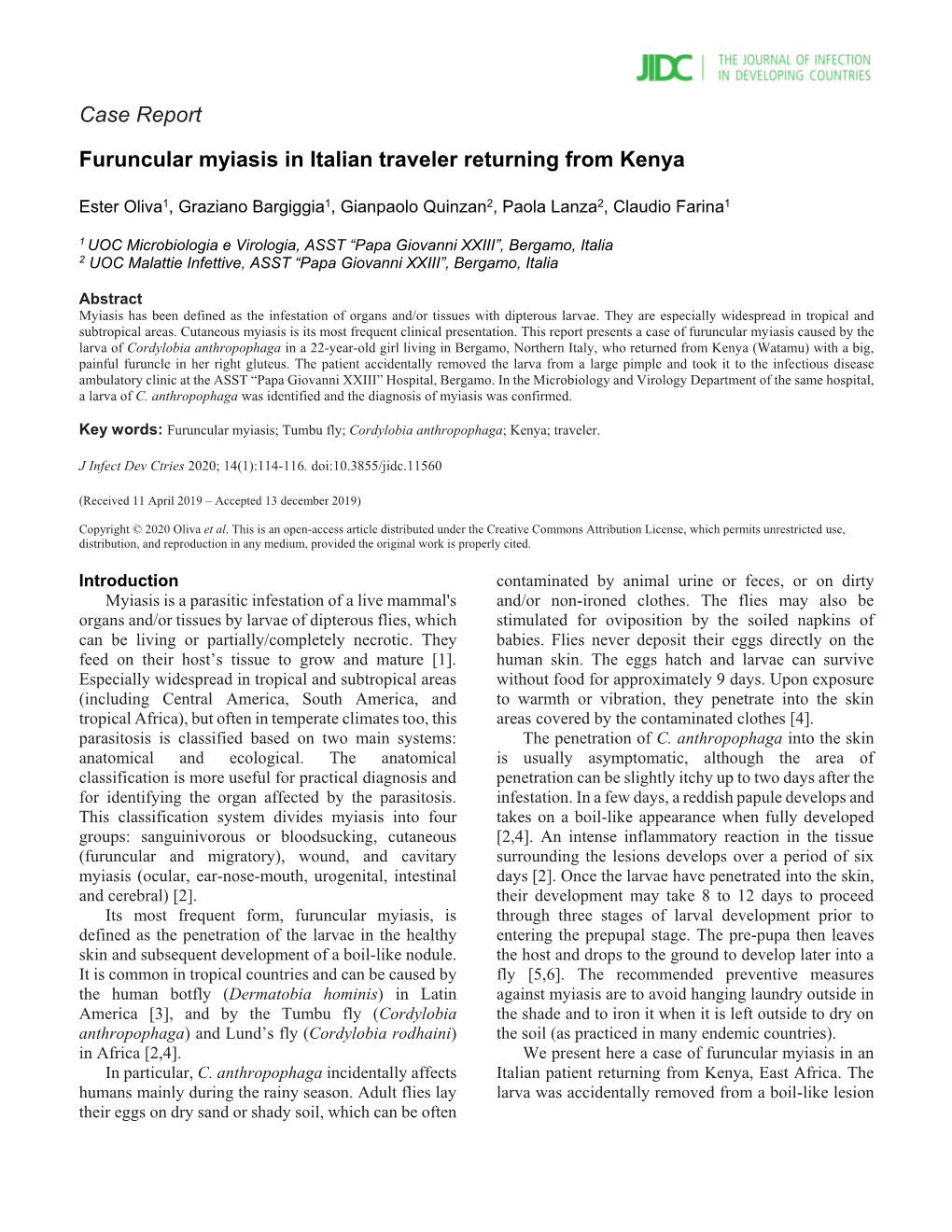 Case Report Furuncular Myiasis in Italian Traveler Returning from Kenya