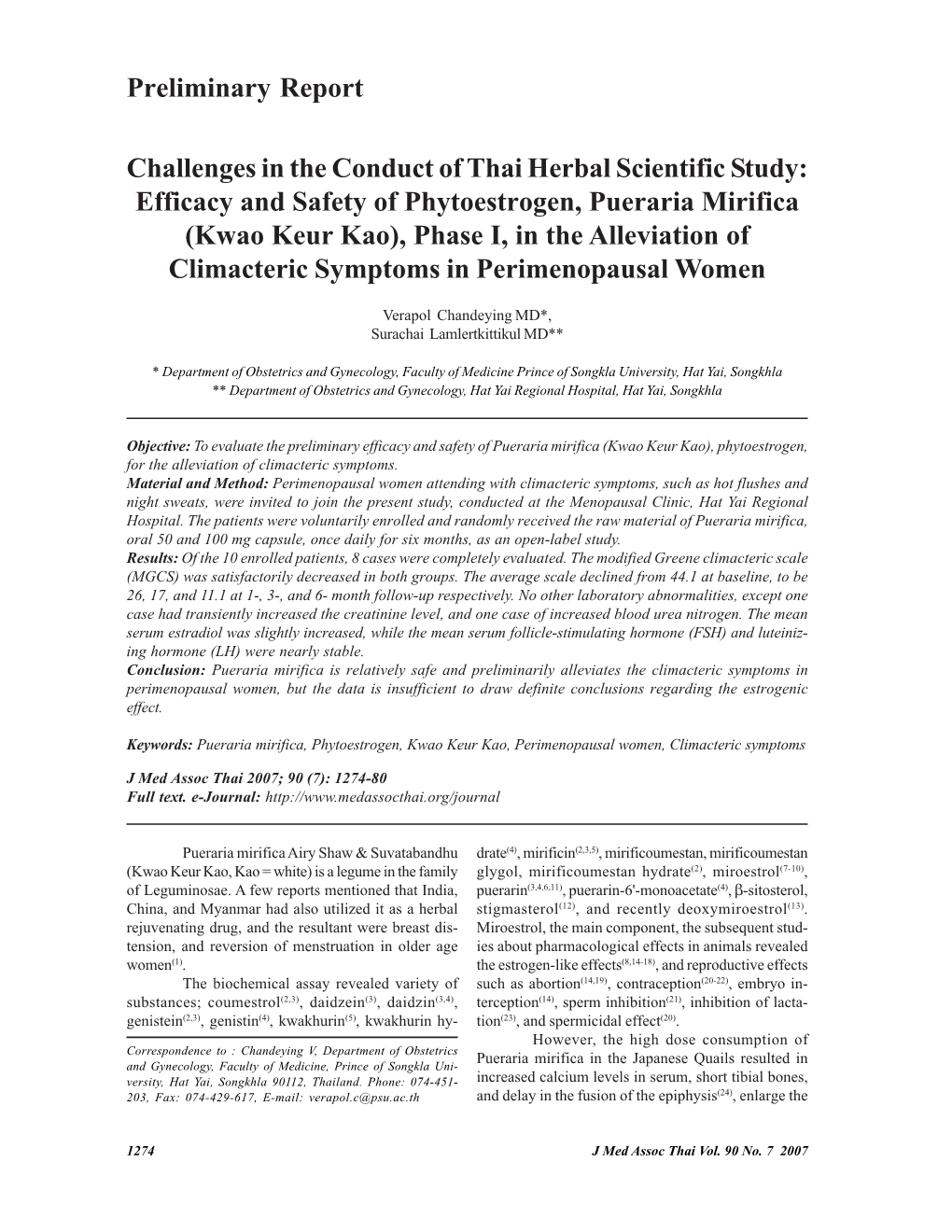 Efficacy and Safety of Phytoestrogen, Pueraria Mirifica (Kwao Keur Kao), Phase I, in the Alleviation of Climacteric Symptoms in Perimenopausal Women