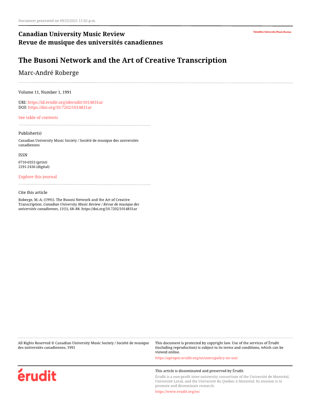 The Busoni Network and the Art of Creative Transcription Marc-André Roberge