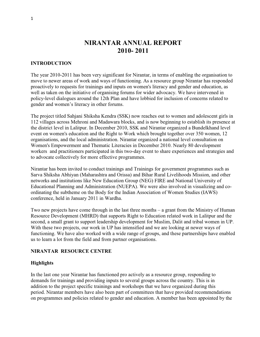 Nirantar Annual Report 2010- 2011