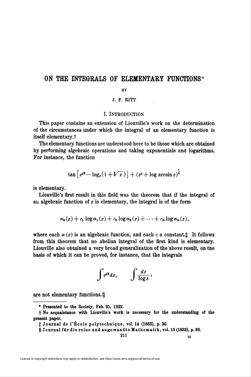 On the Integrals of Elementary Functions*