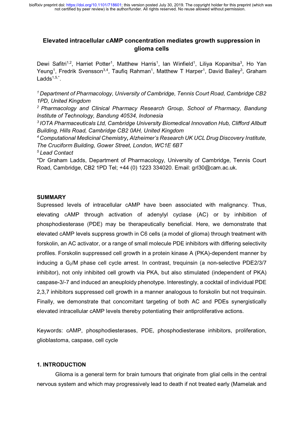 Elevated Intracellular Camp Concentration Mediates Growth Suppression in Glioma Cells