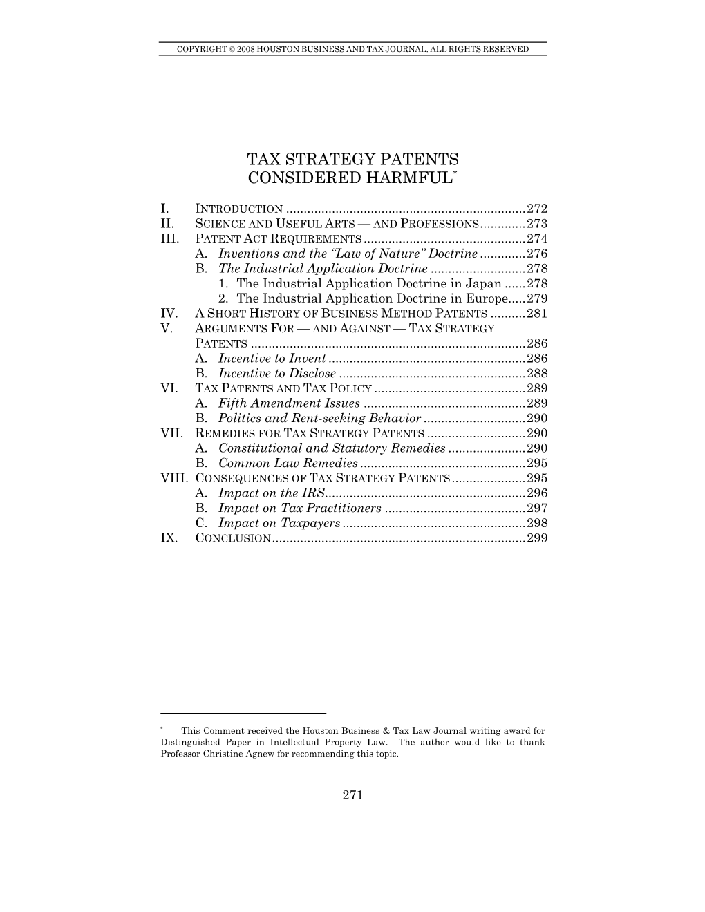 Tax Strategy Patents Considered Harmful*