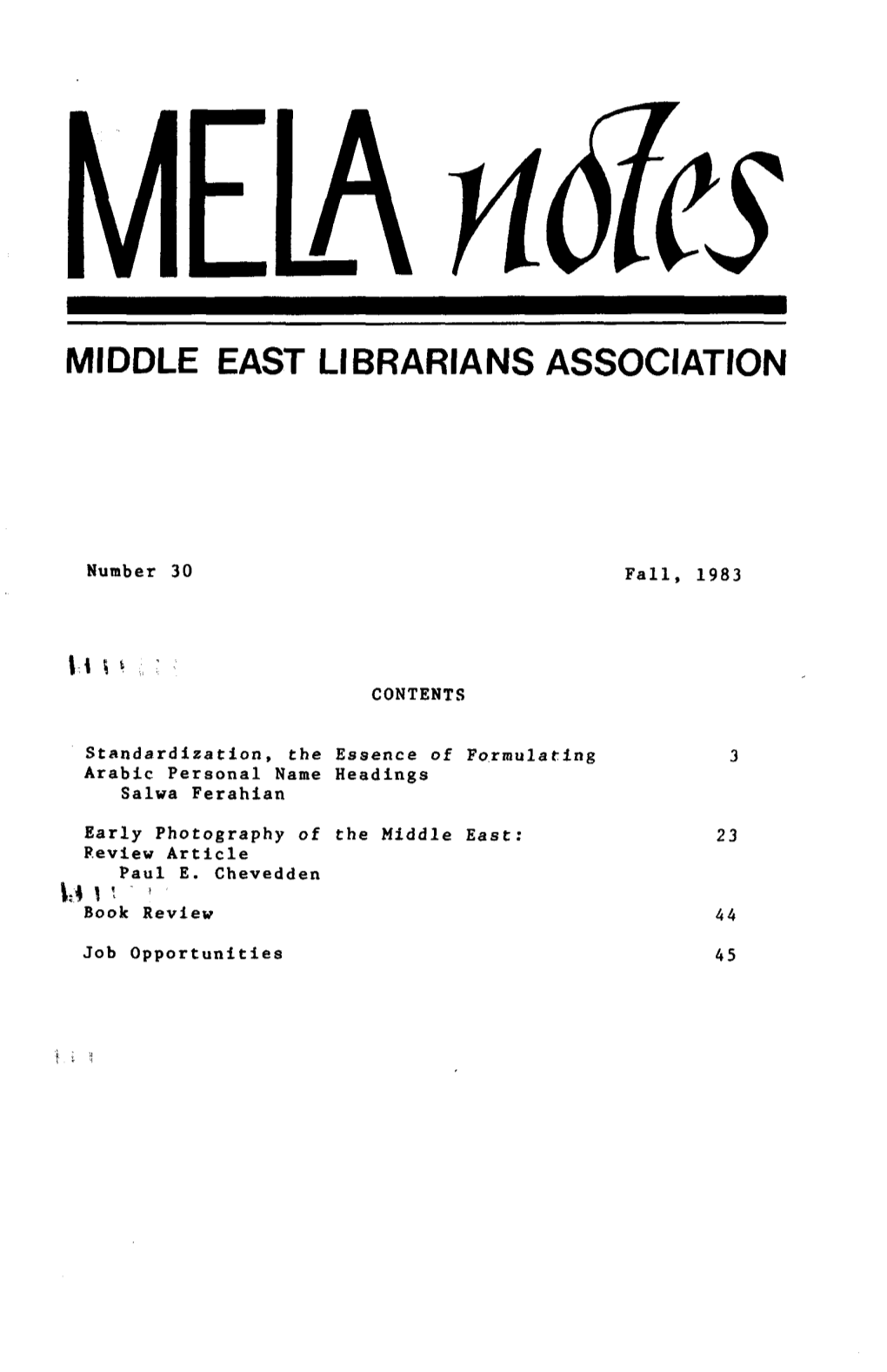 MELA NOTES 30, Fall, 1983