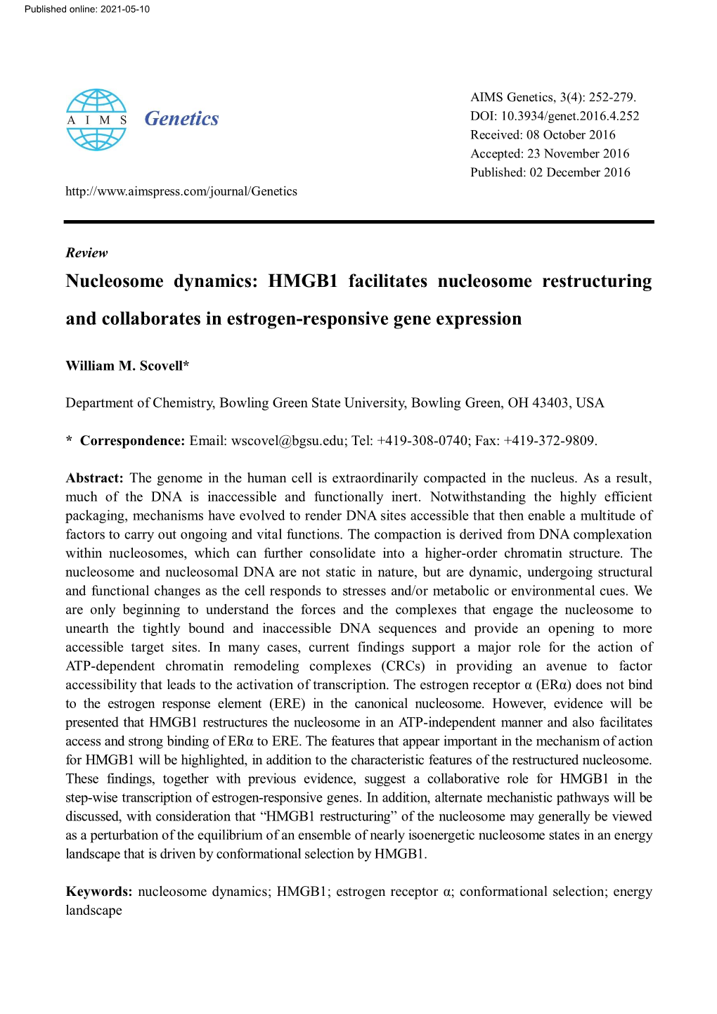 HMGB1 Facilitates Nucleosome Restructuring and Collaborates in Estrogen-Responsive Gene Expression