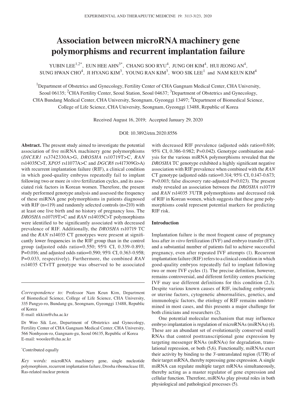 Association Between Microrna Machinery Gene Polymorphisms and Recurrent Implantation Failure