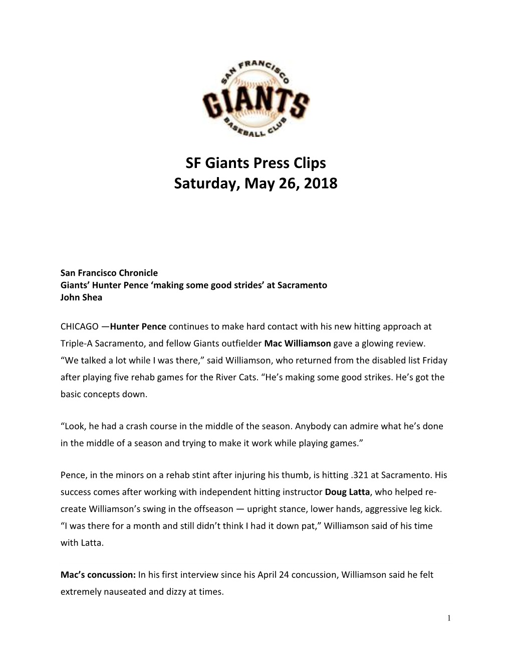 SF Giants Press Clips Saturday, May 26, 2018