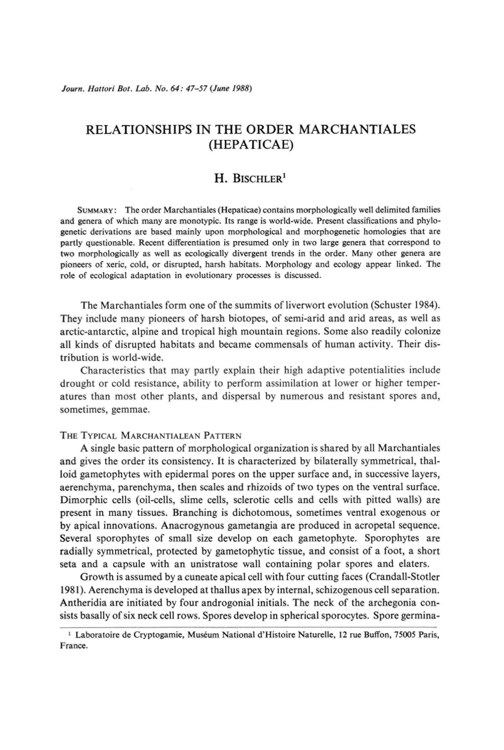 Relationships in the Order Marchantiales (Hepa Ticae)