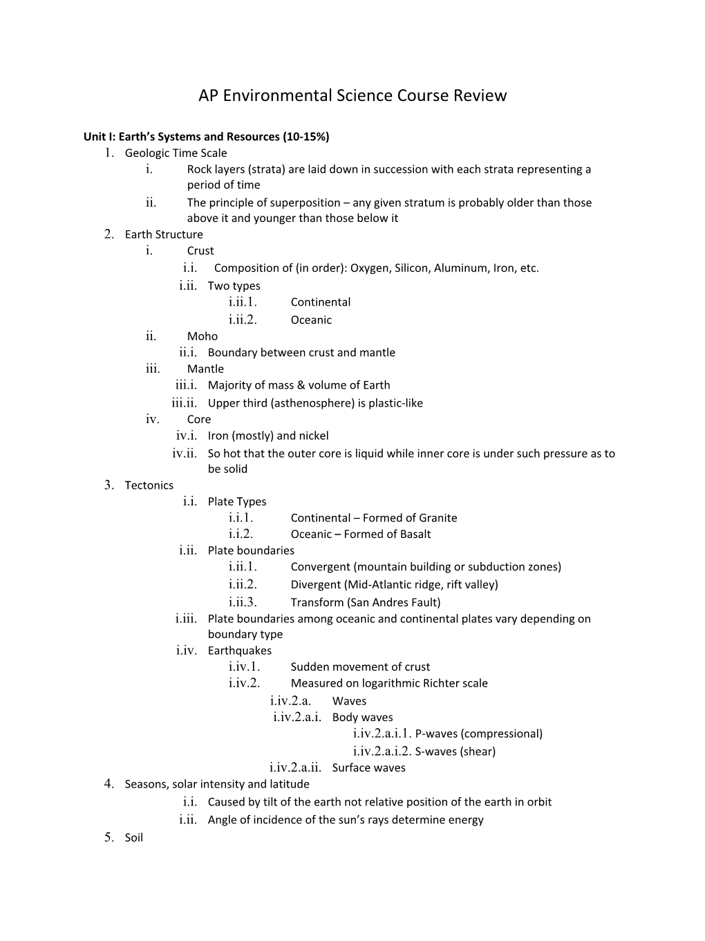 Unit I: Earth S Systems and Resources (10-15%)