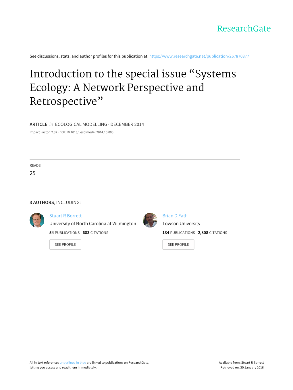 Systems Ecology: a Network Perspective and Retrospective”