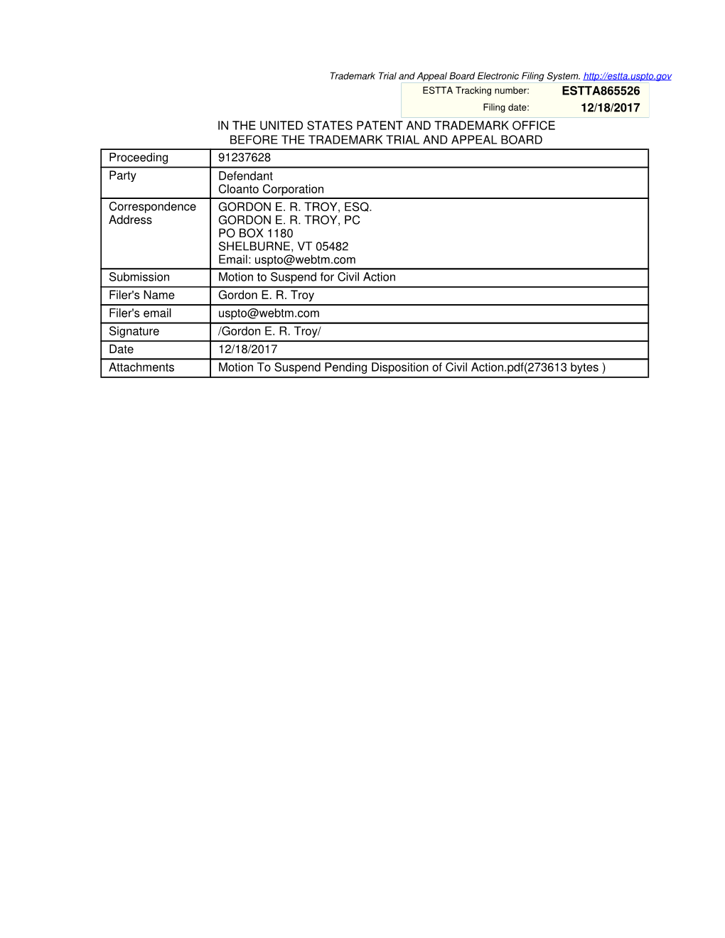 Estta865526 12/18/2017 in the United States Patent And