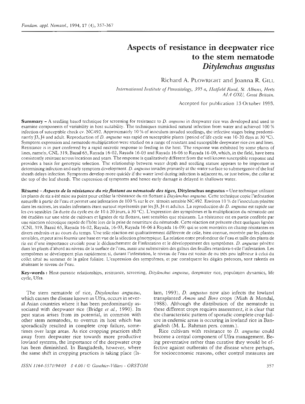 Aspects of Resistance in Deepwater Rice to the Stem Nematode Ditylenchus Angustus