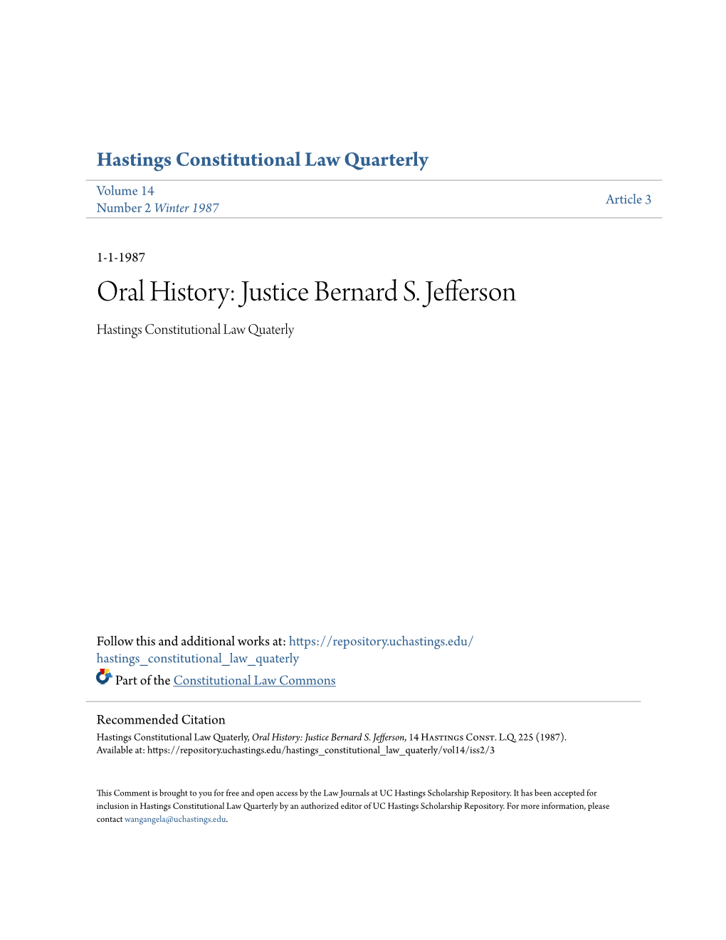 Justice Bernard S. Jefferson Hastings Constitutional Law Quaterly