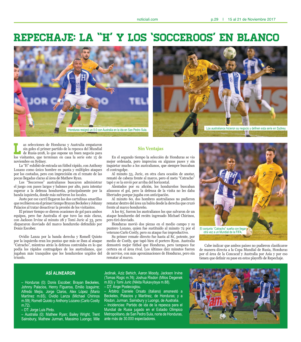 Repechaje: La “H' Y Los 'Socceroos' En Blanco