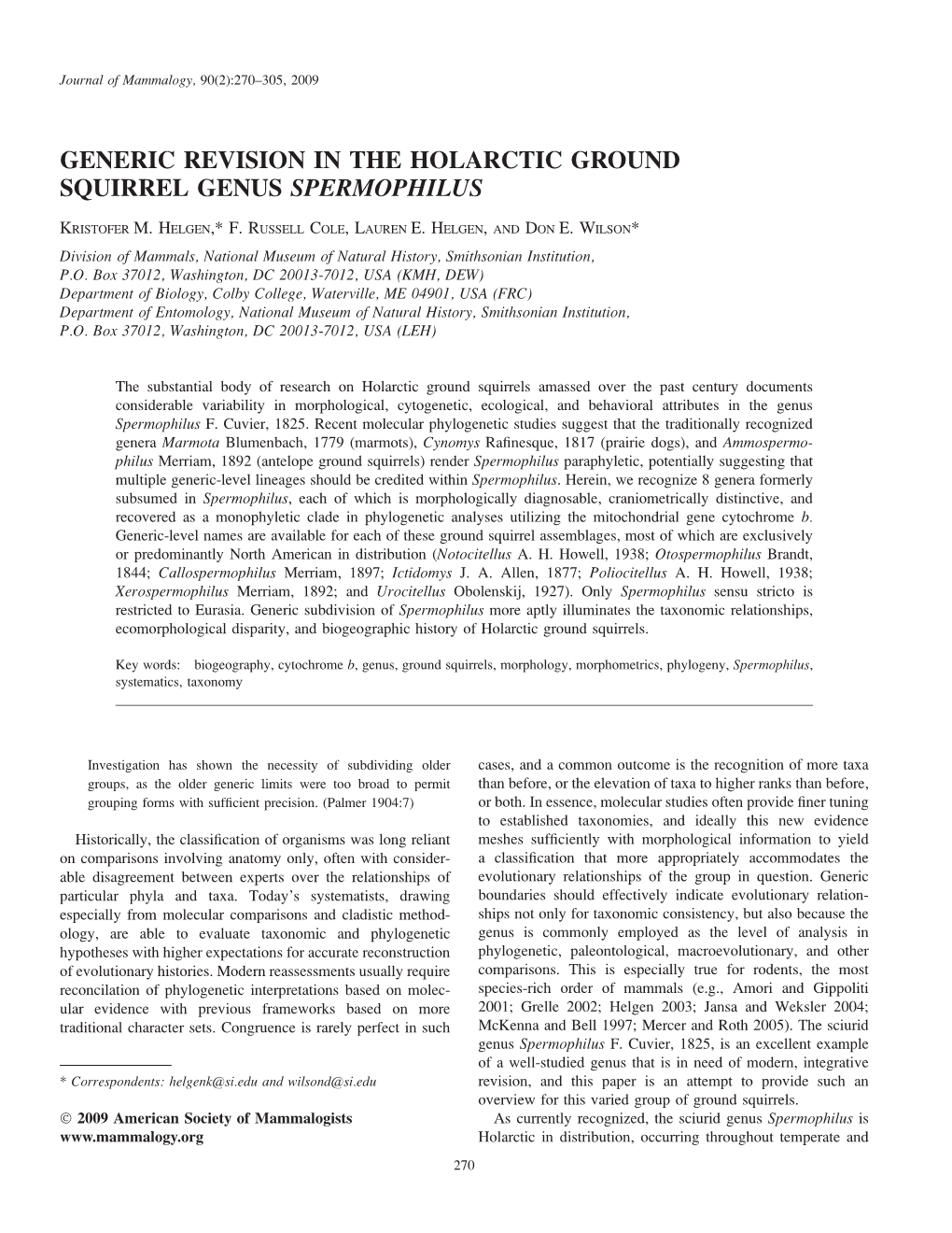 Generic Revision in the Holarctic Ground Squirrel Genus Spermophilus