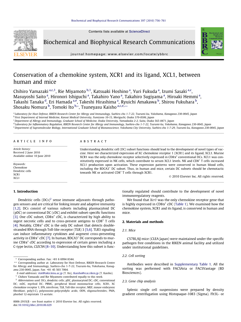 Conservation of a Chemokine System, XCR1 and Its Ligand, XCL1, Between Human and Mice