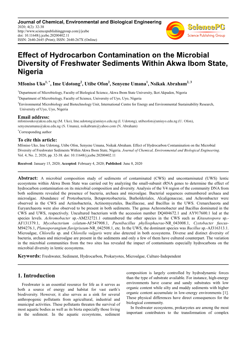 Effect of Hydrocarbon Contamination on the Microbial Diversity of Freshwater Sediments Within Akwa Ibom State, Nigeria