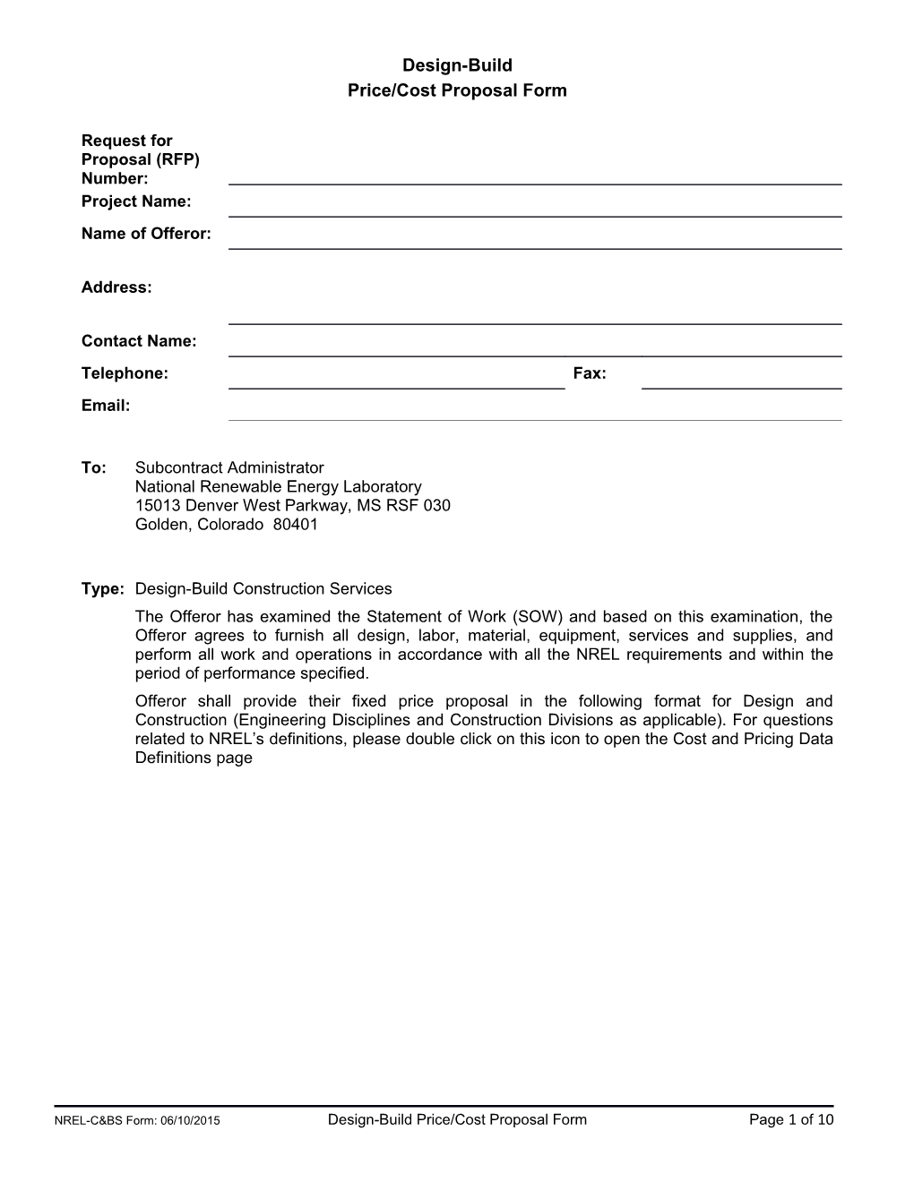 Design-Build Cost Proposal Form