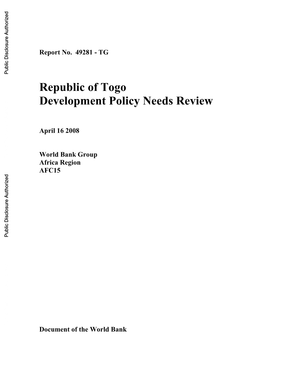 Republic of Togo Development Policy Needs Review