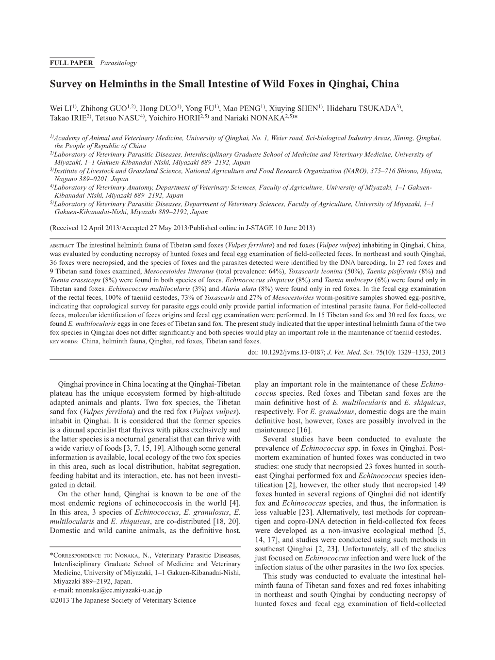 Survey on Helminths in the Small Intestine of Wild Foxes in Qinghai, China