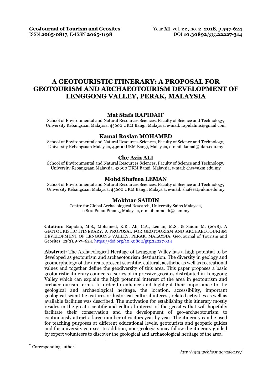 A Geotouristic Itinerary: a Proposal for Geotourism and Archaeotourism Development of Lenggong Valley, Perak, Malaysia