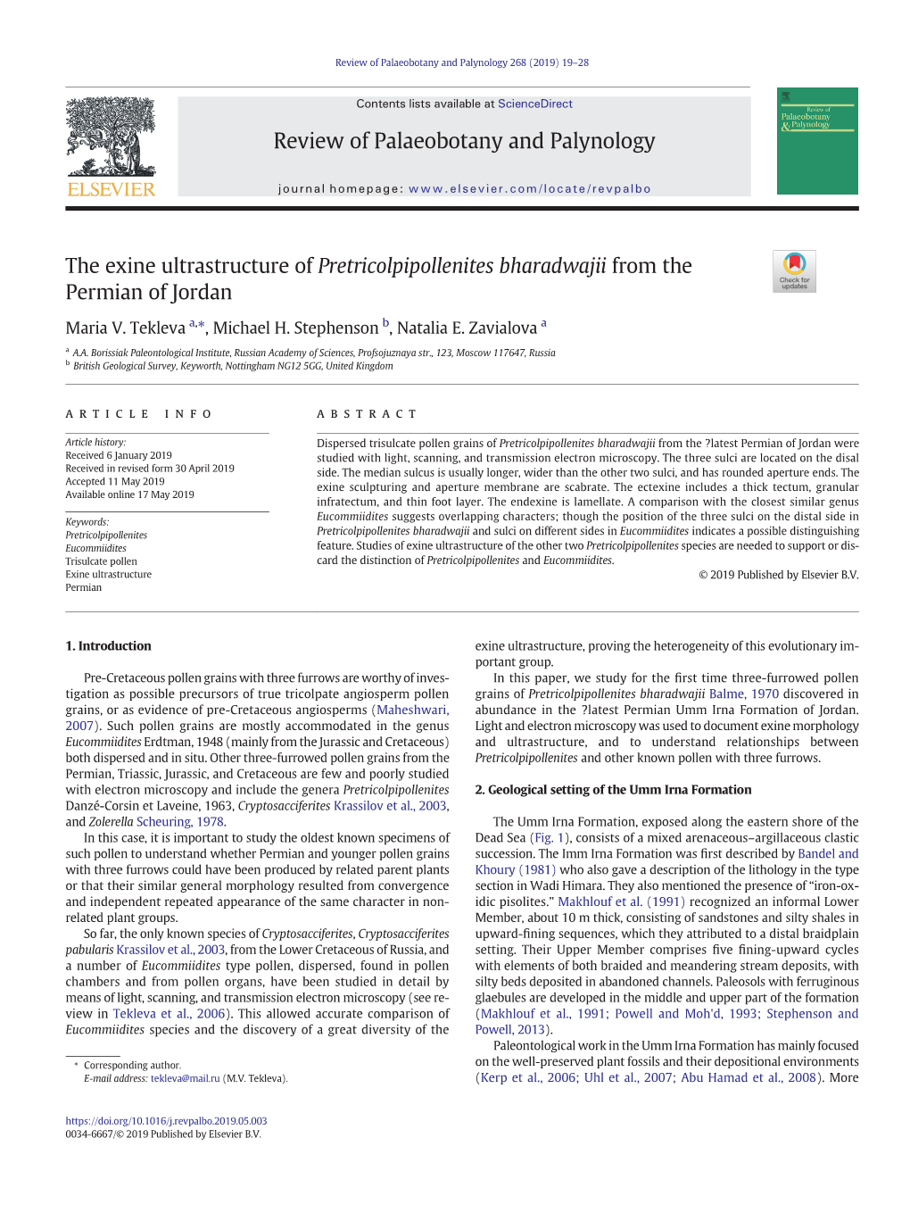 The Exine Ultrastructure of Pretricolpipollenites Bharadwajii from the Permian of Jordan