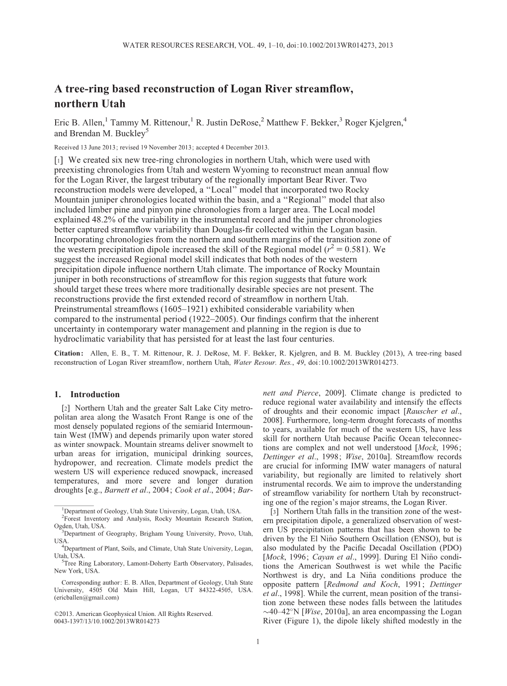 Tree-Ring Based Reconstruction of Logan River Streamflow, Northern Utah Eric B