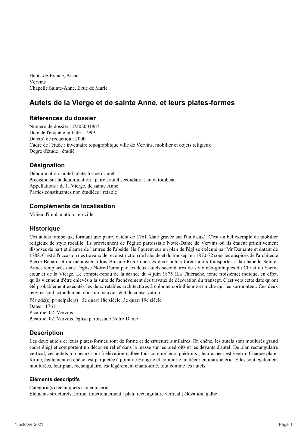 Autels De La Vierge Et De Sainte Anne, Et Leurs Plates-Formes