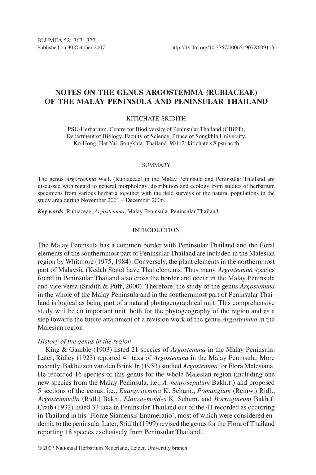 Notes on the Genus Argostemma (Rubiaceae) of the Malay Peninsula and Peninsular Thailand