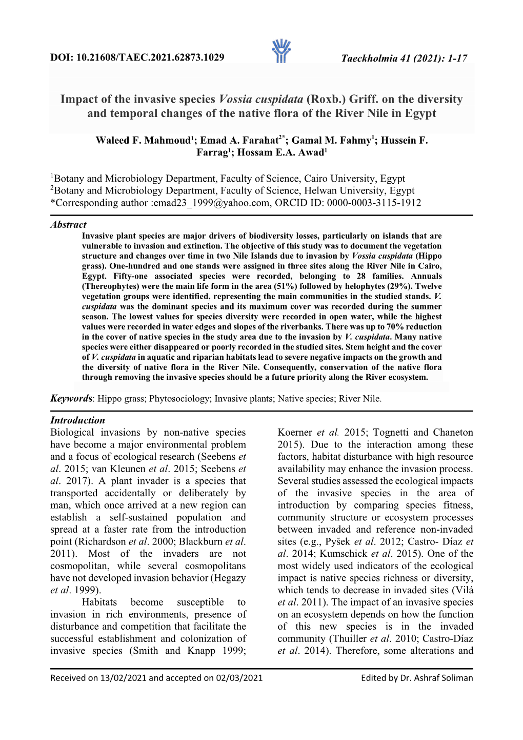 Impact of the Invasive Species Vossia Cuspidata (Roxb.) Griff