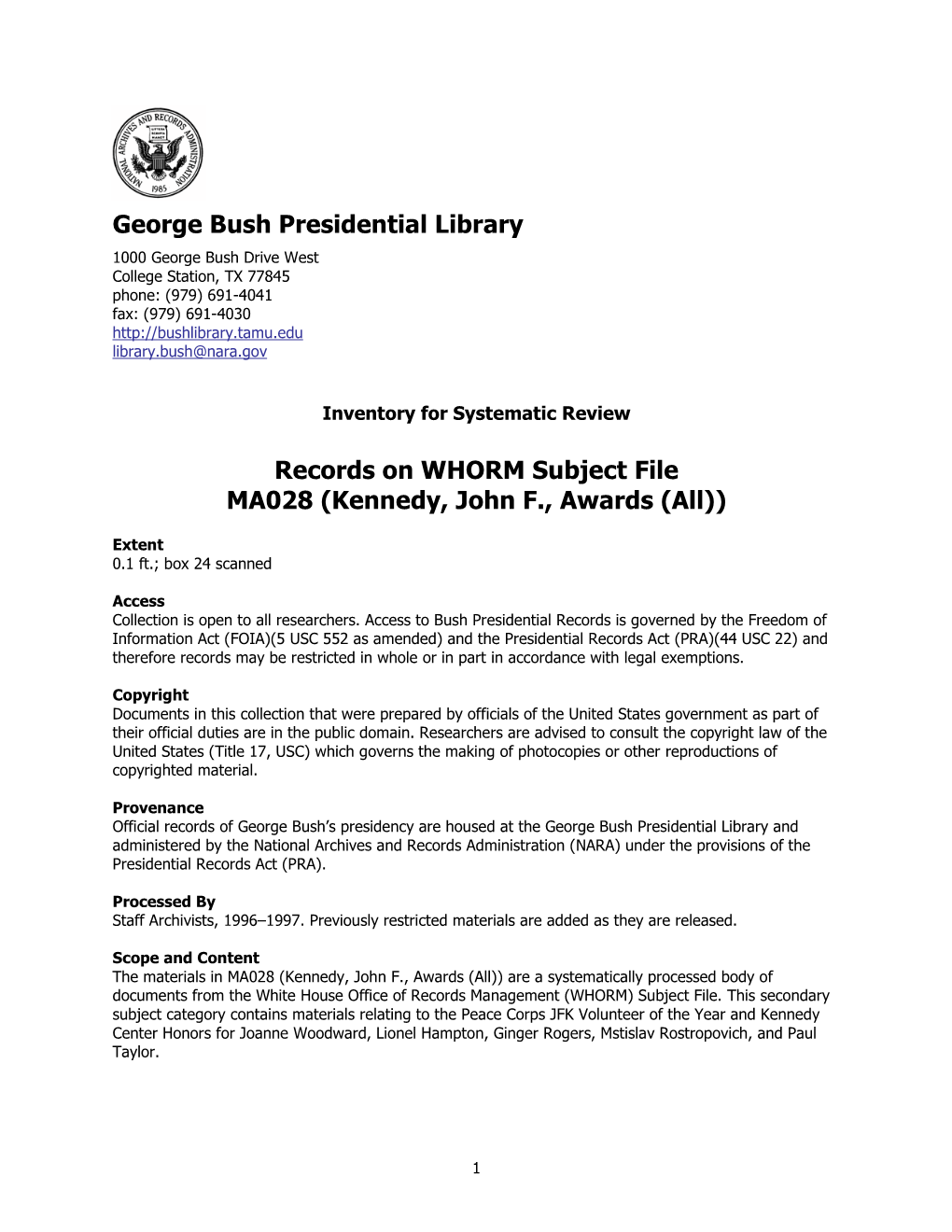 George Bush Presidential Library Records on WHORM Subject File