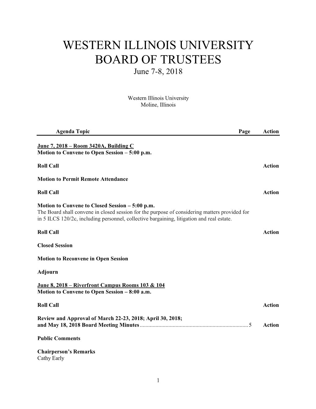 WESTERN ILLINOIS UNIVERSITY BOARD of TRUSTEES June 7-8, 2018