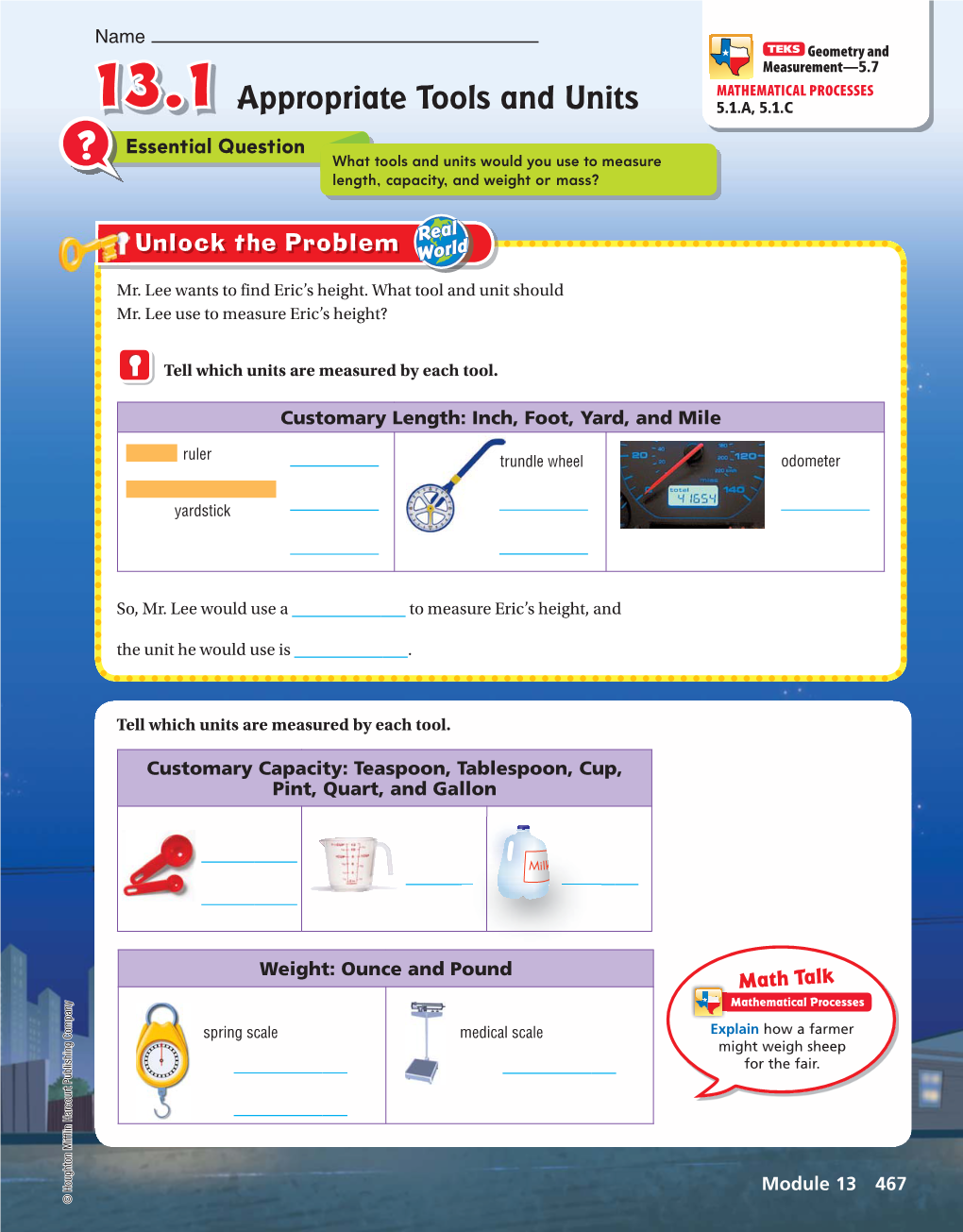 Appropriate Tools and Units 5.1.A, 5.1.C ? Essential Question What Tools and Units Would You Use to Measure Length, Capacity, and Weight Or Mass?