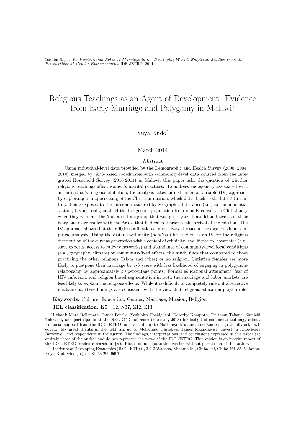 Evidence from Early Marriage and Polygamy in Malawi†