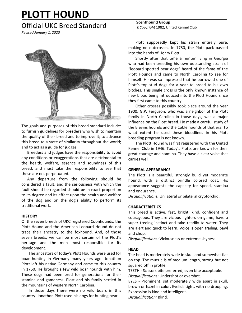 PLOTT HOUND Scenthound Group Official UKC Breed Standard ©Copyright 1982, United Kennel Club Revised January 1, 2020