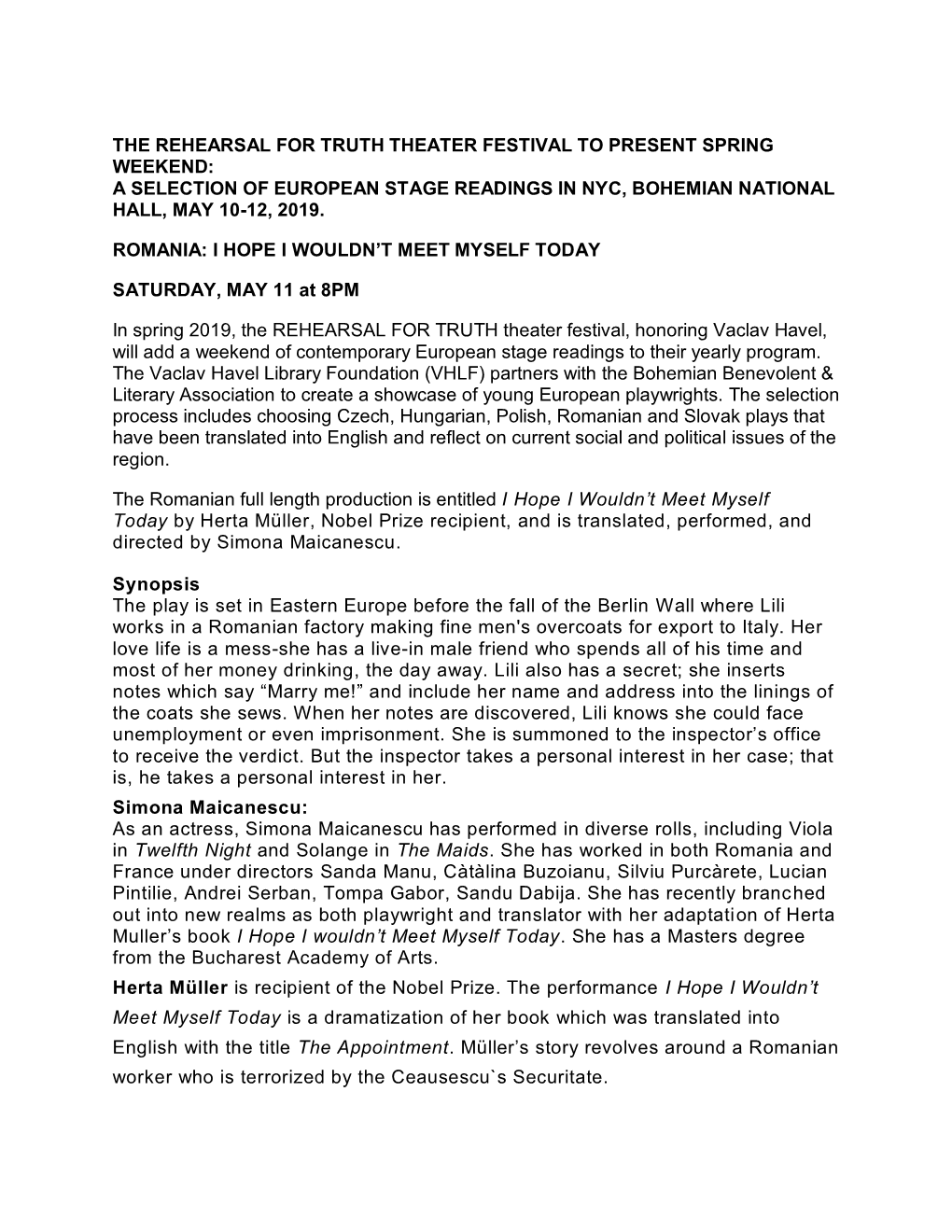 The Rehearsal for Truth Theater Festival to Present Spring Weekend: a Selection of European Stage Readings in Nyc, Bohemian National Hall, May 10-12, 2019