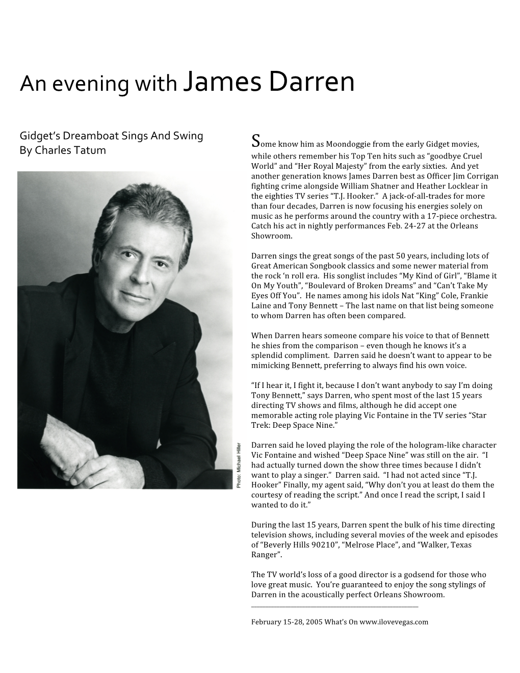 "An Evening with James Darren" Ilovevegas.Com