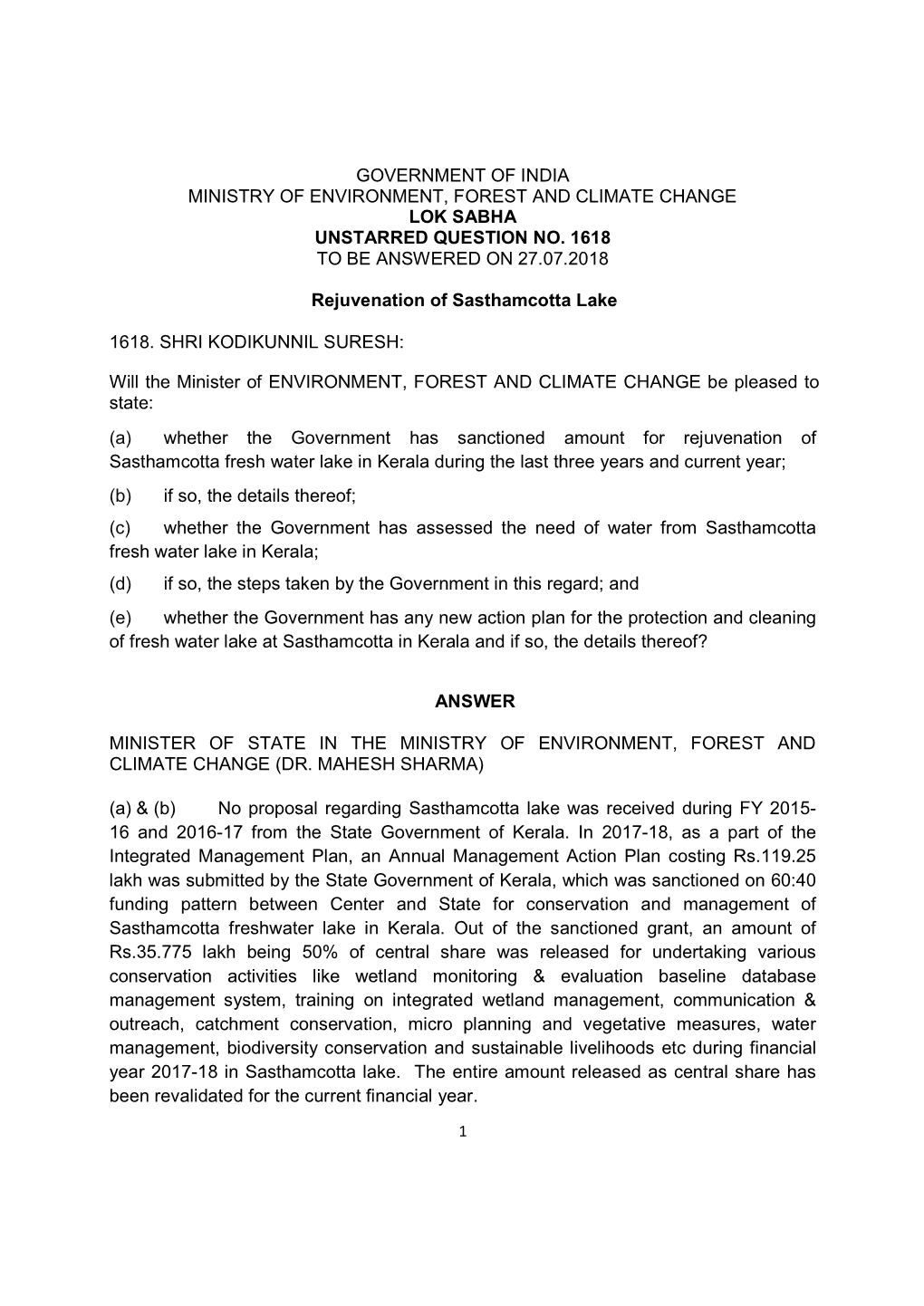 Government of India Ministry of Environment, Forest and Climate Change Lok Sabha Unstarred Question No