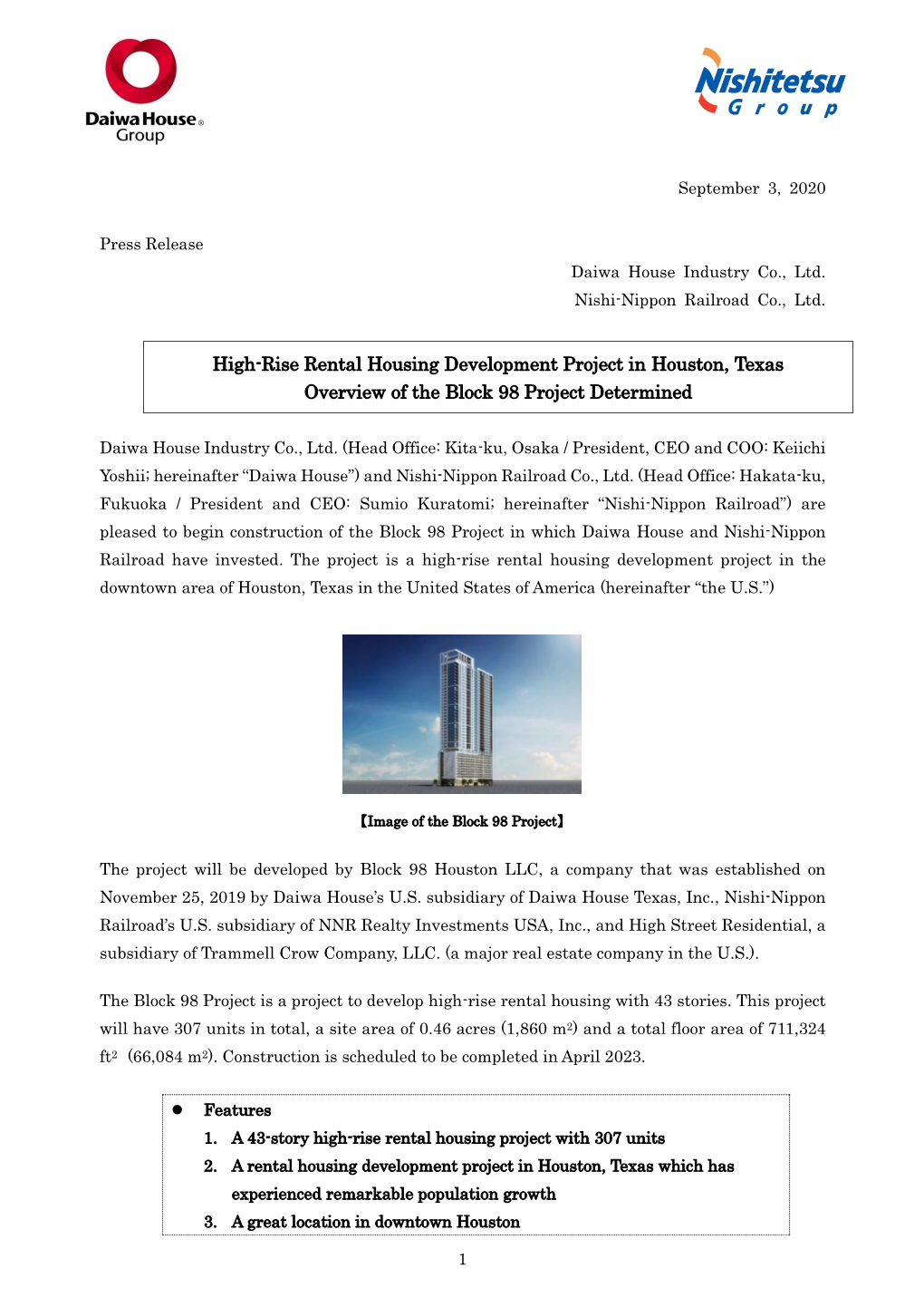 High-Rise Rental Housing Development Project in Houston, Texas Overview of the Block 98 Project Determined