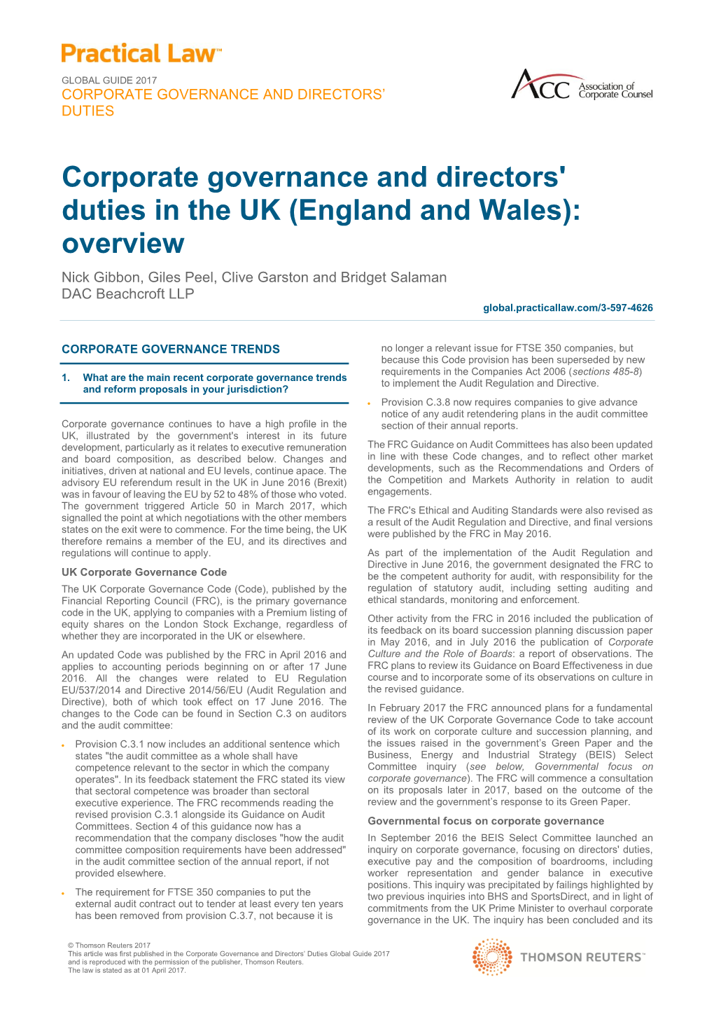 Corporate Governance and Directors' Duties in the UK