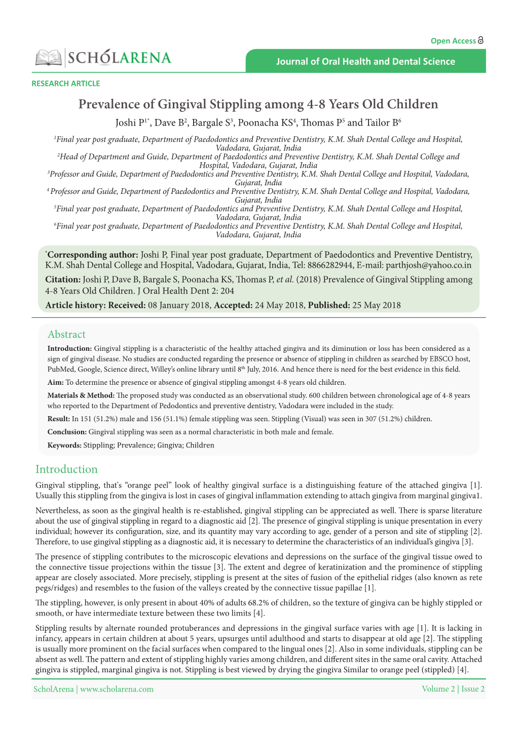 Prevalence of Gingival Stippling Among 4-8 Years Old Children