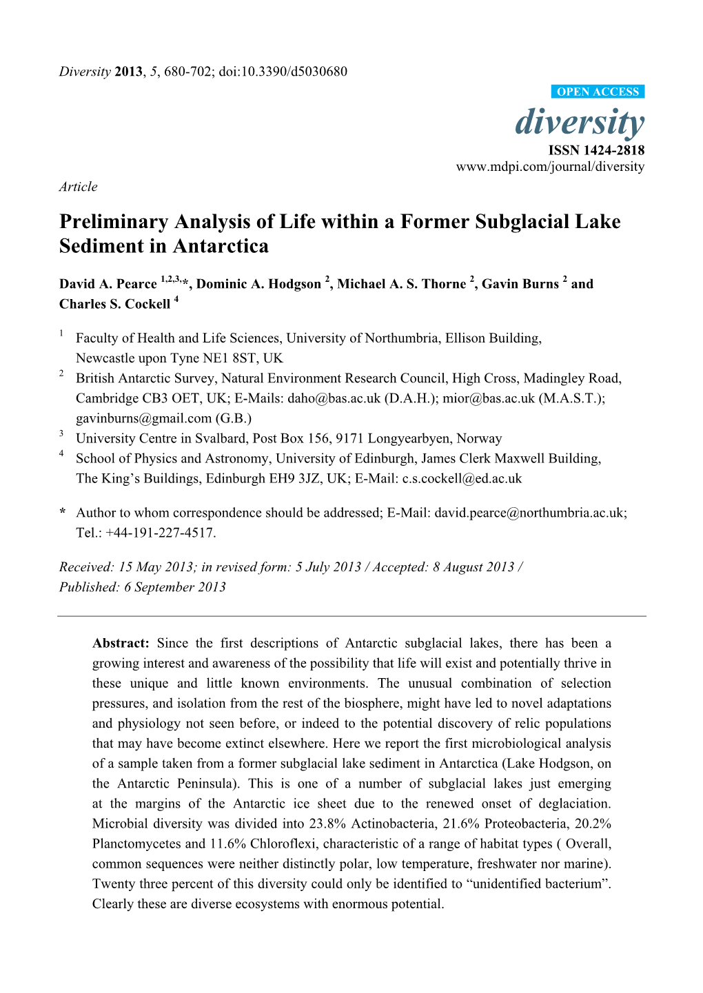 Preliminary Analysis of Life Within a Former Subglacial Lake Sediment in Antarctica