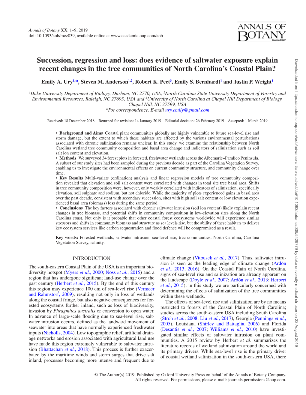 Succession, Regression and Loss: Does Evidence of Saltwater Exposure Explain Recent Changes in the Tree Communities of North